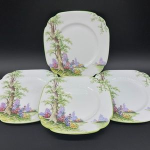 Royal Albert Greenwood Tree 6" Square Dessert Plates(4) Green Trim